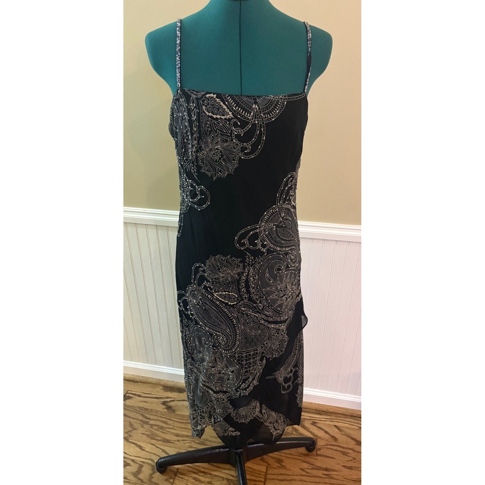 Cato Womens Size 12‎ Black Silver Paisley Beaded Strap Midi Cocktail Dress